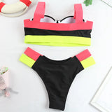 Sexy Bikini Women Swimwear Swimsuit Push Up Leopard Block Color Patchwork Double Bandages High Waist Bikinis Set Bathing Suit