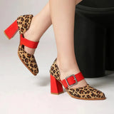 Spring  Autumn New Model Fashion High Heels Nude Shoes Color Blocking Pointed Tip Buckle Leopard Print Sexy Party Women's Shoes