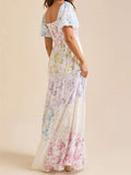 Women Summer Floral Print Dress Square Neck Puff Short Sleeve Ruffle Hem A-Line Dress Retro Casual Streetwear