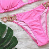 DEKA Rhinestone Love Heart Bikini Set Women Diamond Swimsuit  Crystal Luxury Push Up Metal Thong Swimwear
