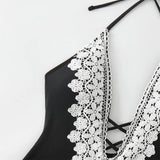 Sexy Push Up Tummy Control Swimwear Women Black Plunge Neck Padded One Piece Swimsuit Lace Beach Bathing Suit Bodysuit Monokini