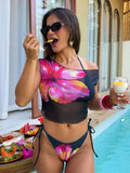 DEKA WomenFloral Print Halter Neck Bikini Set Mesh Cover Swimsuit Women's 3 Piece Vacation Beach Lace-up Swimwear
