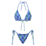 Combhasaki Women's Y2K Goth 2Pieces Tie-up Bathing Suits Sleeveless Halter Neck Backless Floral Bra + Low Waist Thong Swimsuits