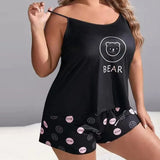 Plus Size Women's Pajamas Set Bear Print Sleeveless Screw Top & Shorts Female 2 Pieces Sleepwear Nightwear Homewear Cloth