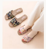 Breathable Indoor Linen Slippers For Women Men Home Floor Shoes Chinese Style Emrobidery Anti-slip Couples House Bedroom Slides