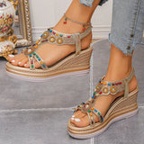National Wind Beaded Wedge Heels Sandals Women Chunky Platform Slip On Gladiator Sandals Woman Plus Size 43 High Heel Sandalias