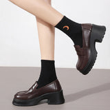 Brown Pu Leather Platform Loafers for Women British Style Round Toe Thick Heel Pumps Woman Slip On High Heels Office Shoes Lady