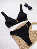 Sexy Black V Neck Bikini 2025 Women Ribbed Push Up Metal High Waist Swimsuit Summer Holiday Bathing Suit Two Piece Swimwear