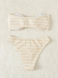 Striped Textured Bandeau Bikinis 2025 Women Sexy Swimsuit Push Up Swimwear Female Bathing Suit Swimming Summer Beachwear