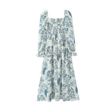 French Casual Style Square-neck Slim-fit Dress Feminine With Side Slit Three-quarter Sleeves Waist Cinching Printed Holiday THF3