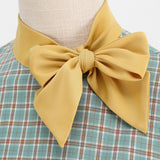 Retro Women's Plaid Dress Stand Neck Short Sleeve Cotton Dresses Lace Up Bow Tie Pleated Swing Vestidos Vintage Court Dresses