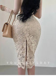Pure Desire Style High Waist Back Slit Lace Bodycon Midi Skirt Fashion Slim Women Long Skirts PNC2