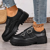 Fashion Double Buckle Platform Loafers Women British Style Thick Bottom Pu Leather Shoes Woman Comfort Round Toe Student Shoes