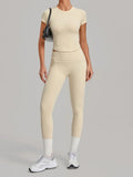 Women Tracksuit Yoga Sets Short Sleeve Slim Sports T Shirts Workout Clothes Outdoor Tight High Waist Pocket Pants Fitness Suits