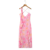 Deep V-neck Strap Dress Sexy Ruffled Long Dress Womens Pink Rose Print Strap Dress Ruffle Sleeveless Summer Beach Dress GO0Y