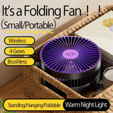 2024 New Style 5000mAh Small Portable Fan Rechargeable Wall Mounted Fan 90° Foldable Desktop Fan 4 Gears With Warm Night Light