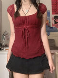Women Summer Y2K Aesthetic Tops Lace Trim Cap Sleeve Low Cut Shirts Vintage Casual Sexy Tops and Blouses Female