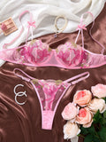 Coquette Aesthetic Pink Lingerie Set Floral Embroidery Lace Bra Set with Bow Details Sexy Sheer Mesh Teddy ZA825296