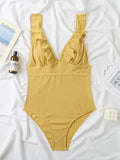 2026 Ruffle Swimsuit One Piece Solid V-neck Backless Swimwear Women Bathing Swimming Swim Suit Female Padded Beach Wear Summer