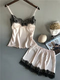 Women Summer Sleepwear Sexy Lace Satin Pajama Sets Lingerie Nightwear Sleeveless Tops+Shorts 2 Pcs Sets Loungewear