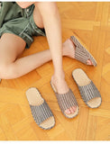 Breathable Linen Slippers For Women Men Summer House Shoes Striped Design Soft Sole Anti-Slip Couples Home Floor Cotton Slides