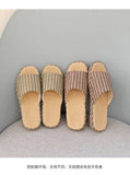 Breathable Linen Slippers For Women Men Summer House Shoes Striped Design Soft Sole Anti-Slip Couples Home Floor Cotton Slides