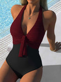 Sexy White Black Patchwork One Piece Swimsuit Women Front Bow V Neck Tummy Control Swimwear 2026 Large Size Beach Bathing Suit