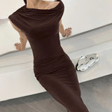 FDYOUI Woman Clothes Diagonal Collar Ruched Brown Long Dresses 2026 Summer Lady Chic One Shoulder Sleeveless Tunics Party Dress