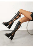 Plus Size Women Black Patent Matte Leather Lace Up Knee High Boots Peep Toe Platform Block Heel Back Zip Gothic Y2K Party Heels
