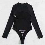 DEKA Sexy Long Sleeves One Piece Swimwear Diamond Swimsuit Women Triangle Backless Crystal Decor Thong  Bikinis Set Bathing Suit