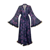 2026 New Women Elegant Butterfly Print Mesh Robe Big Flare Sleeve Lace Up Tassel Fringe High Slit Bathrobe Loungewear