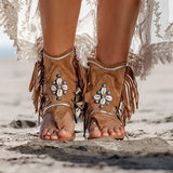 Retro Women Fringe Flower Wedges Shoes 2022 Solid Flock Beach Casual Sandals Women Summer Flip Flop Sandals