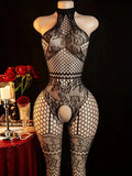 Sexy Body Lingerie Bodysuit Hanging Neck Bodystockings Erotic Crotchless Women Fishnet Hollow Open Bra Underwear Black Stockings