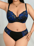 Women’s Hot Selling Plus Size Lingerie Set, Sexy Blue Floral Lace Embroidery Push Up Bra, Big Bust Erotic Set