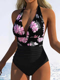 Vintage Black Plaid Patchwork Swimwear Women 2026 V Neck Pleate Tummy Control One Piece Swimsuit Beach Bathing Suit Monokini XXL