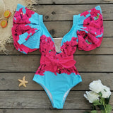 Sexy Ruffle Shoulder Swimsuit V-Neck Swimwear Women Backless Push Up Bathing Suit  Beach Wear 2024 Female Swimming Suit