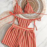 2026 Summer Women 3 Pieces Swimsuit Striped Print Halter Lace-up Backless Swimwear Sexy Micro Bikini Set Shorts Suits Beachwear