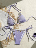 Shell Decoration Halter String Strappy Bikini Women Swimwear Female Swimsuit Two-pieces Bikini Set Ribbed Bathing Suit Swim Lady