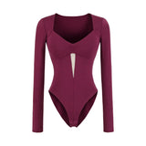Pure Desire Sexy Padded Solid Color Slim Hollow Long Sleeve Bodysuits Base Shirt For Woman Casual Fashion Style Bodysuits MO2T