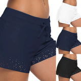 Women Swimming Shorts Solid High Waist Elastic Swim Bottom Flower Hollow Out Swim Trunk Loose Fit Swimming Workout Gym Bottom