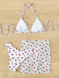 With Mesh Skirt Cherry Printed Bikini Female Swimsuit Women Swimwear Three Pieces Bikini Set Halter Bathing Suit Swim Beachwear