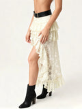 Summer Women Flower Lace Long Skirt Elastic High Waist Layered Ruffle Irregular Skirt Streetwear
