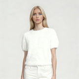 Women Spring Summer Soft Furry Sweater Solid Color Short Sleeve Round Neck Slim Fit Crop Tops