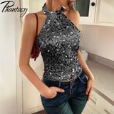 Phantasy Elegant Temperament Neck Sequin Camisole Women T-shirt Sexy Sleeveless Tank Top Female Clothes Tops 2025 Summer
