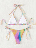 Women rainbow print micro bikini sets two pieces tie halter thong swimsuit Swimwear bathing suit beach outfits biquini