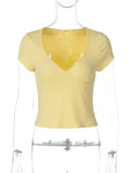 FDYOUI Fashion Casual V-neck Short Sleeve Solid T-shirts Streetwear Y2K Women's Summer Slim Cropped Tops Girls White Tee Shirt
