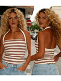 Women Fashion Summer Tank Tops Halter Neck Sleeveless Solid Color/Striped Print Slim Fit Vest
