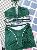 Wrap Around with Mesh Sarong Skirt Bikini Female Swimsuit Women Swimwear Three-pieces Bikini Set Beachwear Bathing Suit Swim