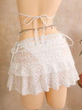 Vintage White Floral Embroidery Bikini Set 2026 Women 3D Flower Push Up Bra Pleate Skirt 3 Piece Swimsuit Bathing Suit Swimwear
