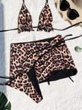 2026 Summer Leopard Print 3 Pieces Suit Swimwear Reversible Sexy Halter Lace-up Bikini Set Drawstring Skirt Cover Up Beachwear